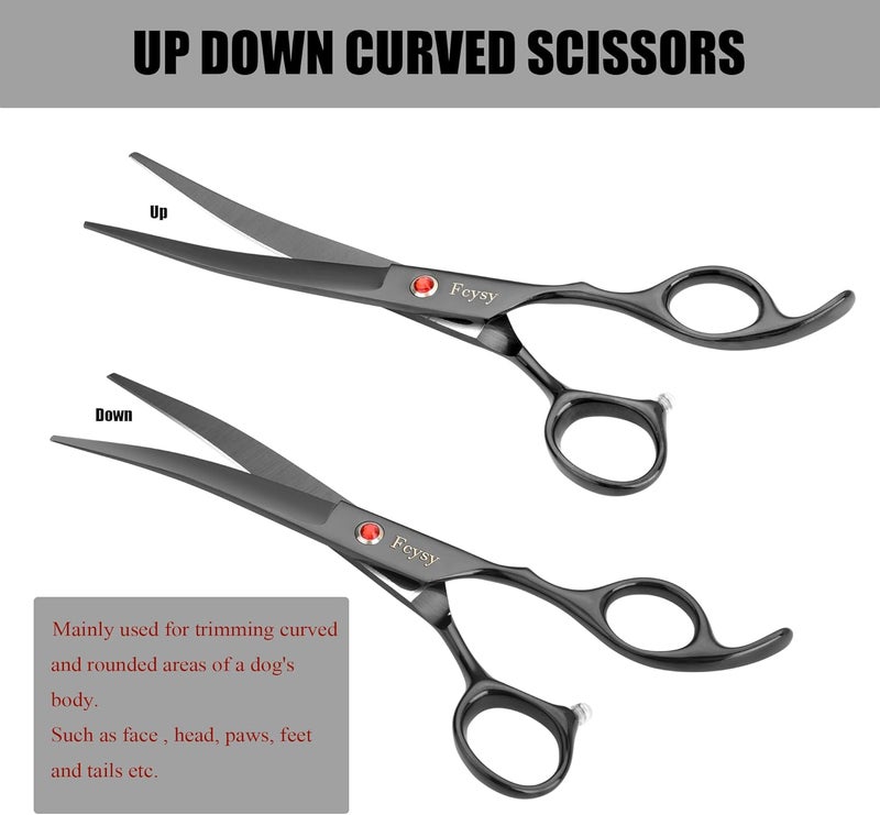 Fcysy Dog Grooming Scissors Kit, Professional Pet Hair Cutting Shears Set with Curved & Straight Blades Scissors Thinning Shears– Stainless Steel Grooming Tools for Dogs & Cats at Home - Image 3